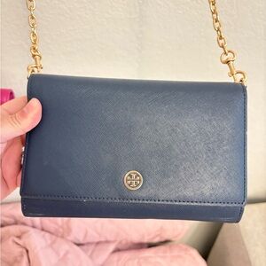 Tory Burch Blue Crossbody Bag with Gold Chain